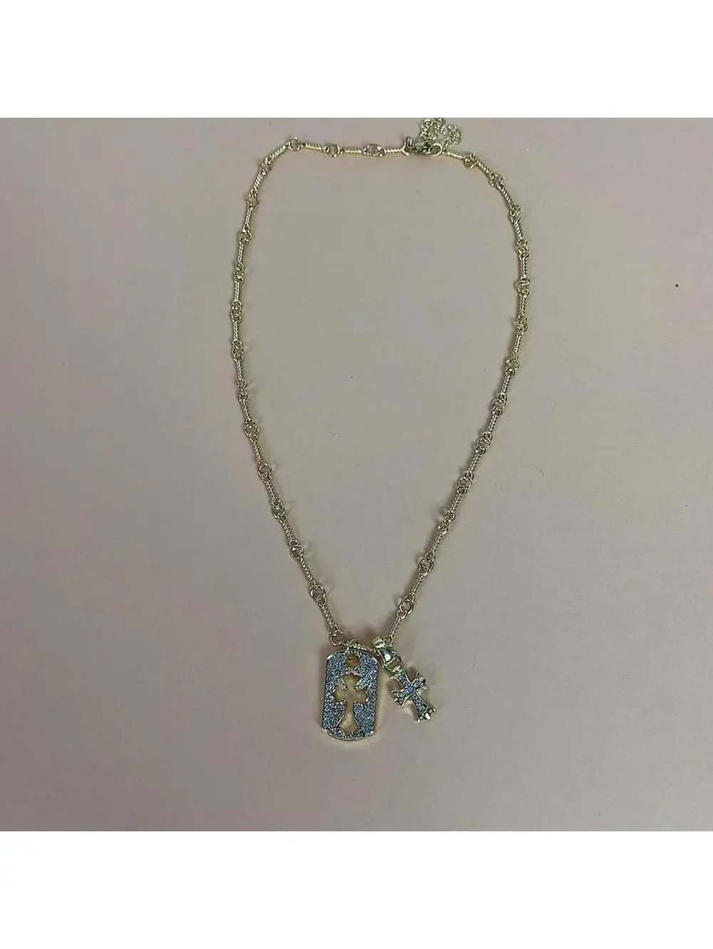 y2k 2000s style grunge gold chrome rhinestone cross dog tag style pendant